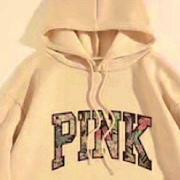 NWT 🌺 KHAKI TAN “PINK” OVERSIZED FLORAL LETTERED HOODED SWEATSHIRT Sz Women’s L - Picture 5 of 7